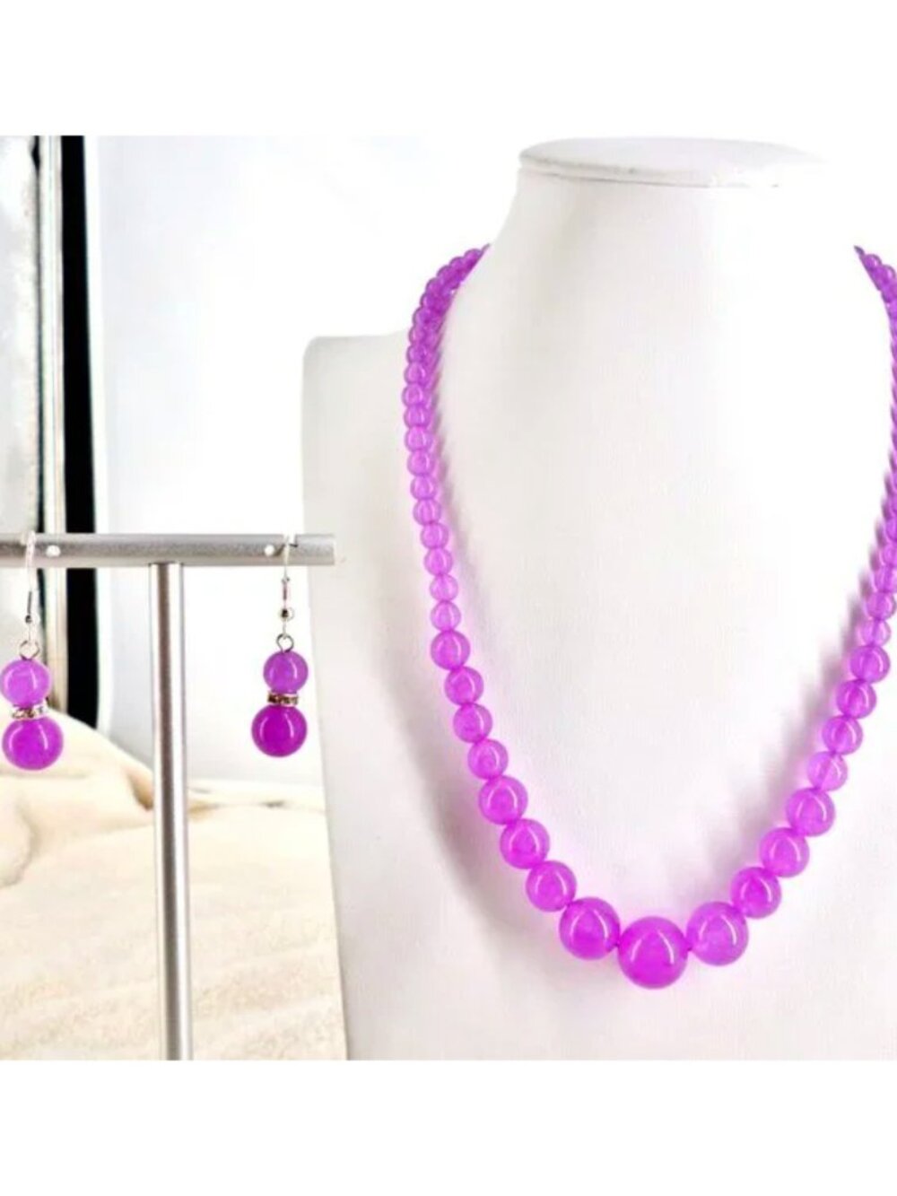 Lavender Purple Necklace & Earring Set 925 Hooks Glass & Crystal 18" - 21" NWOT